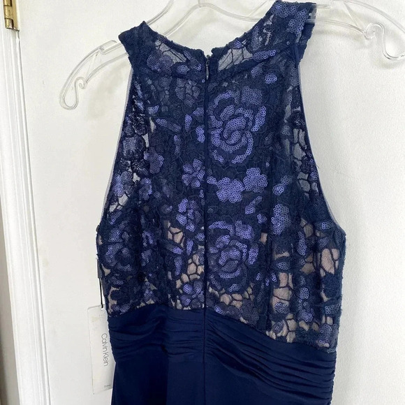 Calvin Klein Navy Blue High Neck Sleeveless Sequin Maxi Formal Gown Dress NWT - Picture 10 of 12